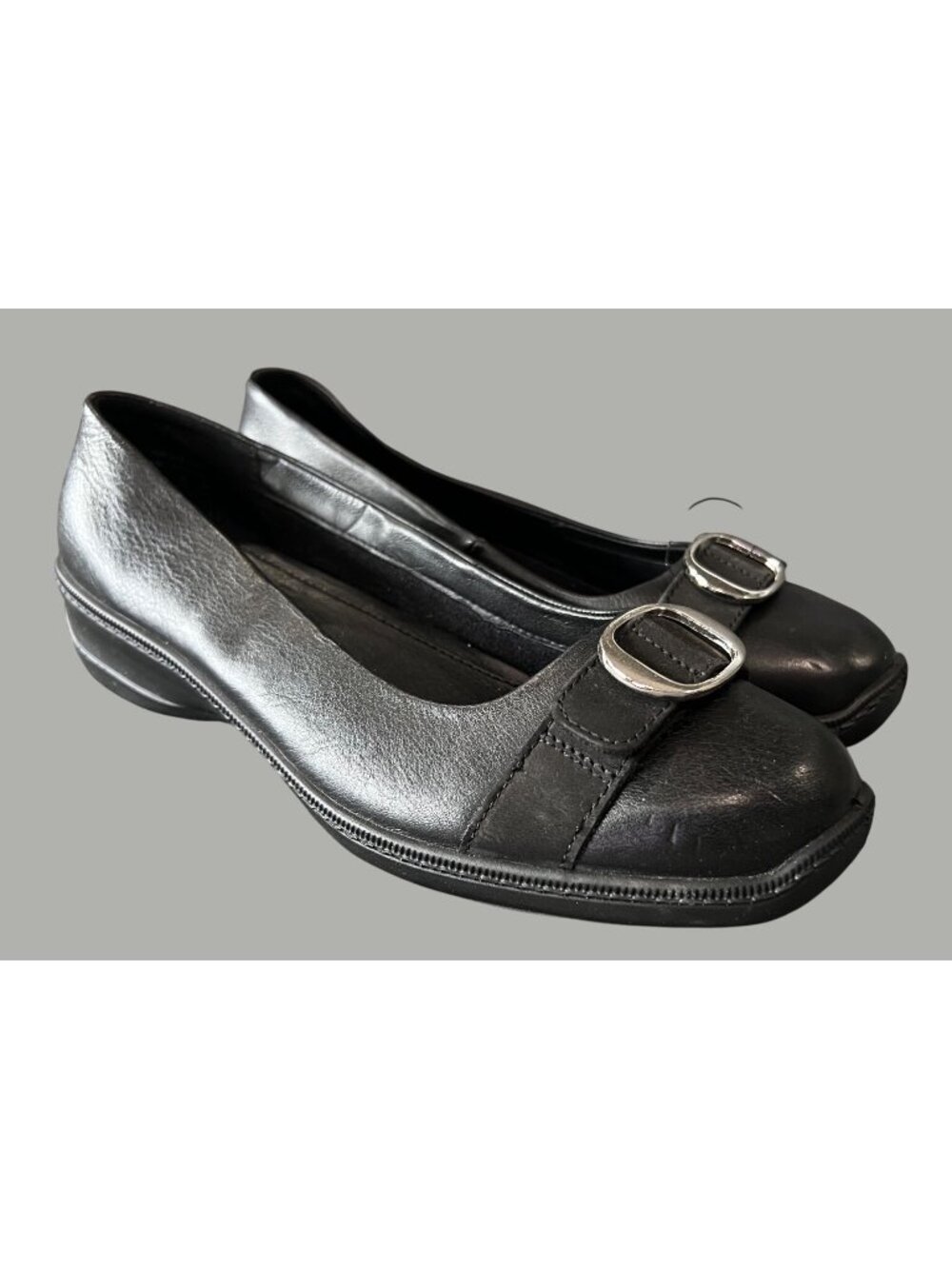 Hotter Grace Black Leather Buckle Flats Size 8 Womens Casual Shoes